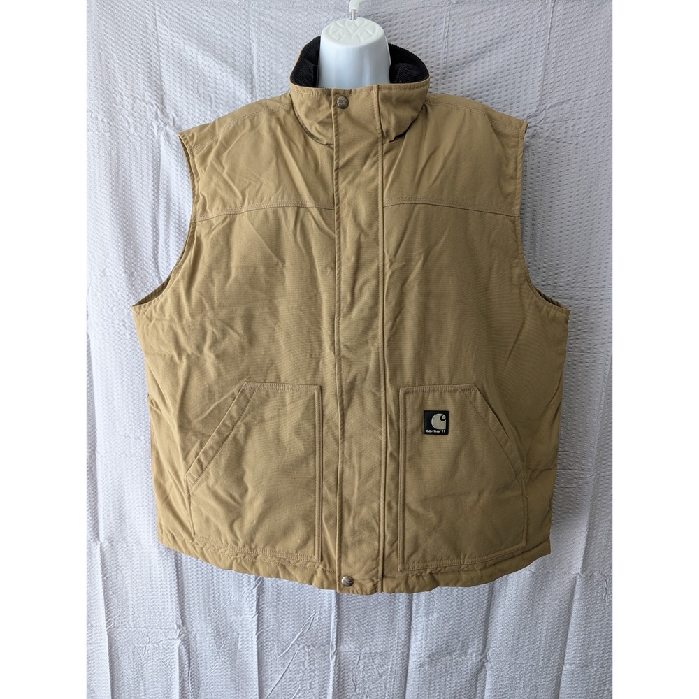 Carhartt Mens Duck Canvas Quilted Lined Work Vest Tan Brown 2XL Mock Neck